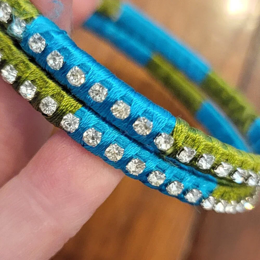 Rich India Turquoise Blue/Green Satin Crystal Fabric Wrapped Brass Bangle - Picture 2 of 7
